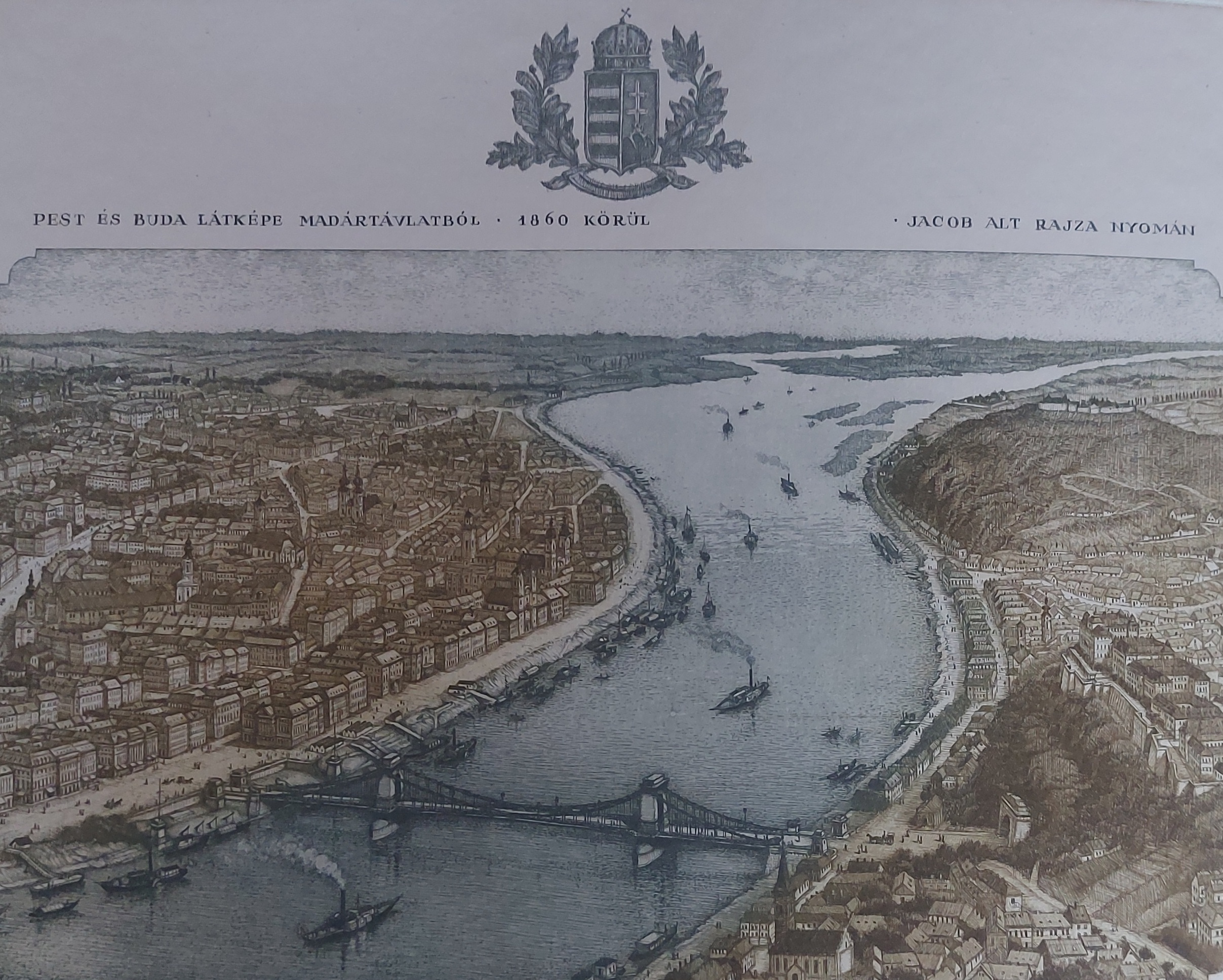 Gaál Domokos: Pest és Buda látképe madártávlatból 1860